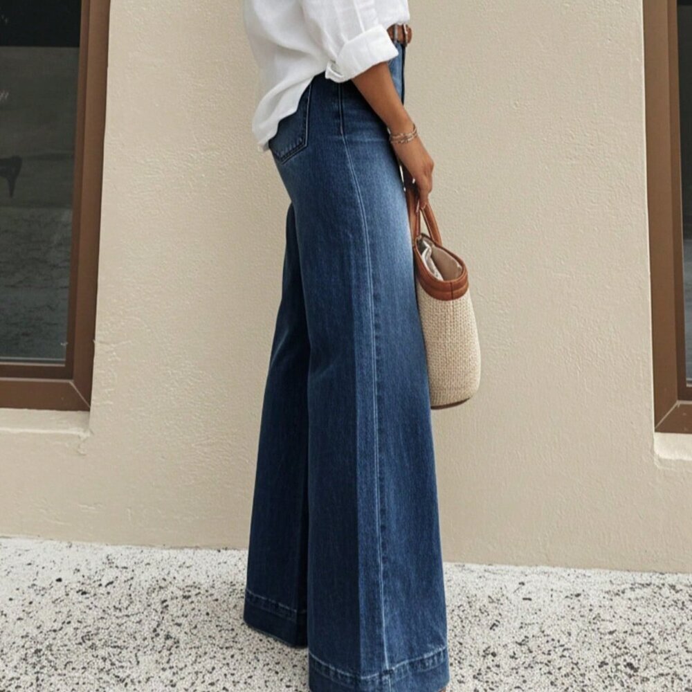 Dark Wash Women's Casual Wide Leg Long Jeans with Medium Stretch - Picture 4 of 5